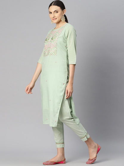 Straight Style Cotton Fabric Green Color Kurti Bottom