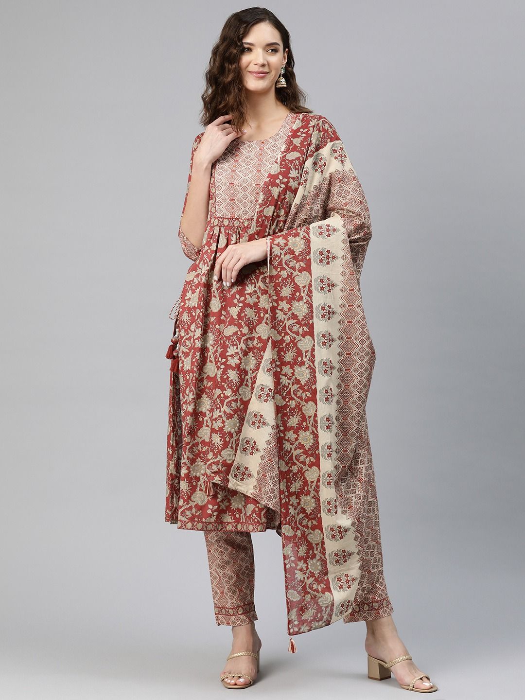 Anarkali Style Cotton Fabric Maroon Color Kurti And Bottom & Dupatta