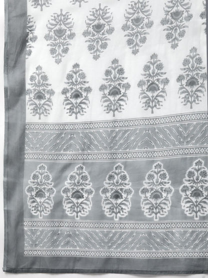 Straight Style Cotton Fabric Grey Color Kurti And Bottom & Dupatta