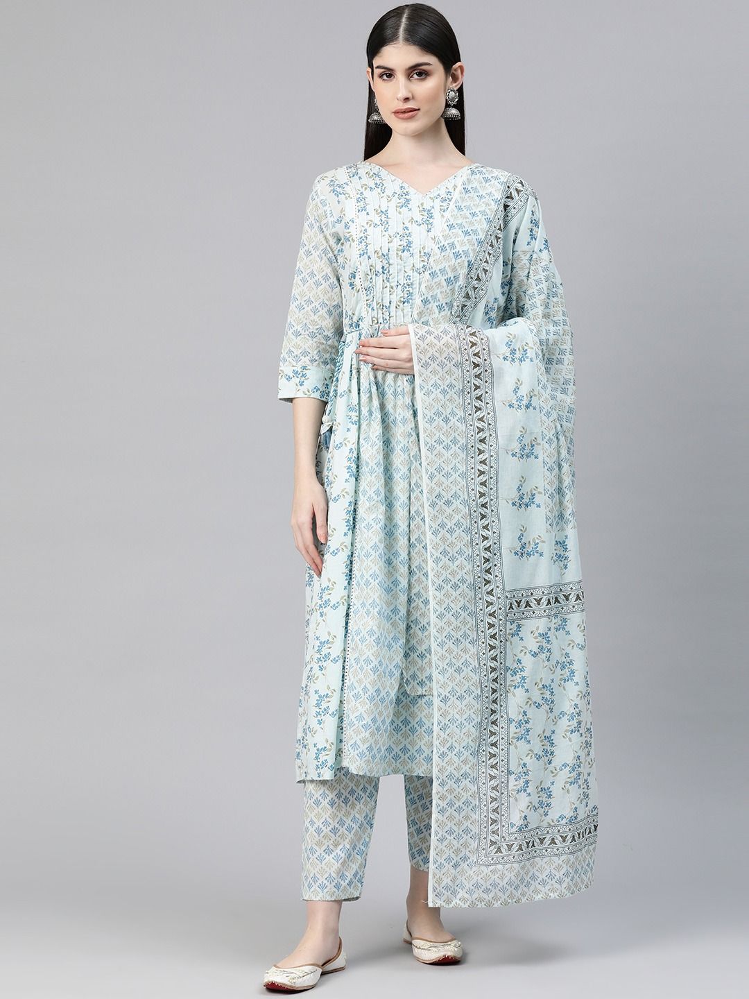 Anarkali Style Cotton Fabric Blue Color Kurti And Bottom & Dupatta