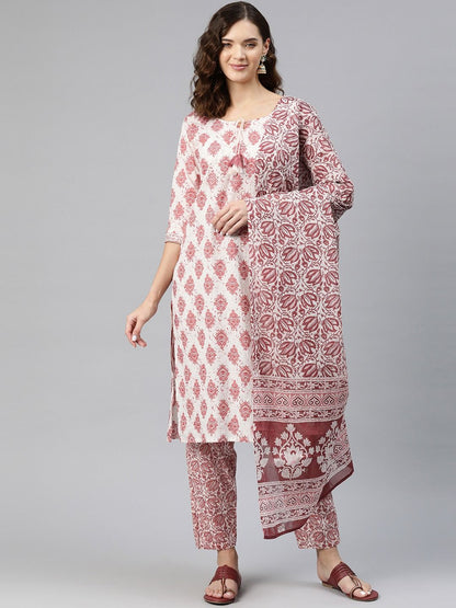 Straight Style Cotton Fabric Rust Color Kurti And Bottom & Dupatta
