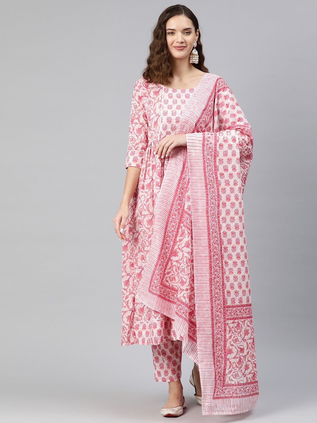 Anarkali Style Cotton Fabric Pink Color Kurti And Bottom & Dupatta