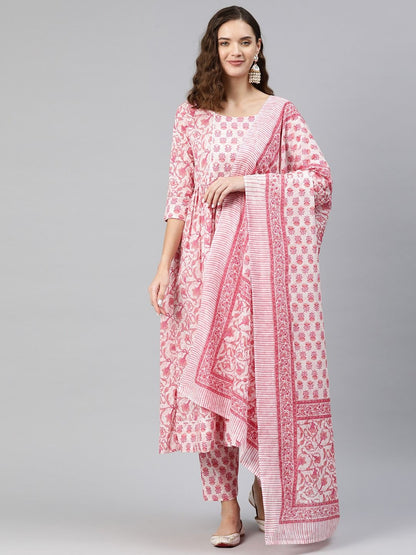 Anarkali Style Cotton Fabric Pink Color Kurti And Bottom & Dupatta