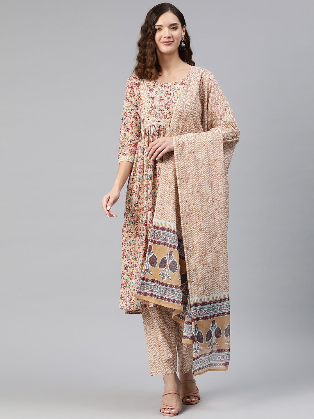 Anarkali Style Cotton Fabric Beige Color Kurti And Bottom & Dupatta
