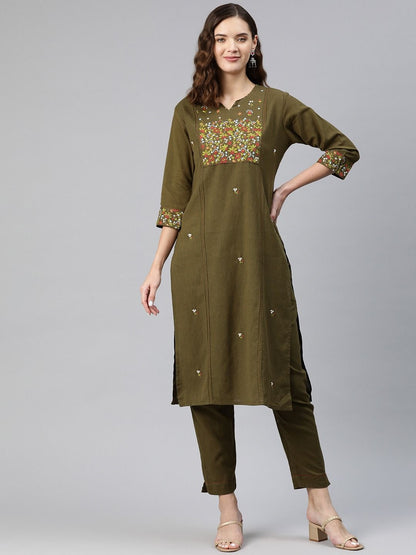 Straight Style Cotton Fabric Olive Green Color Kurti And Bottom