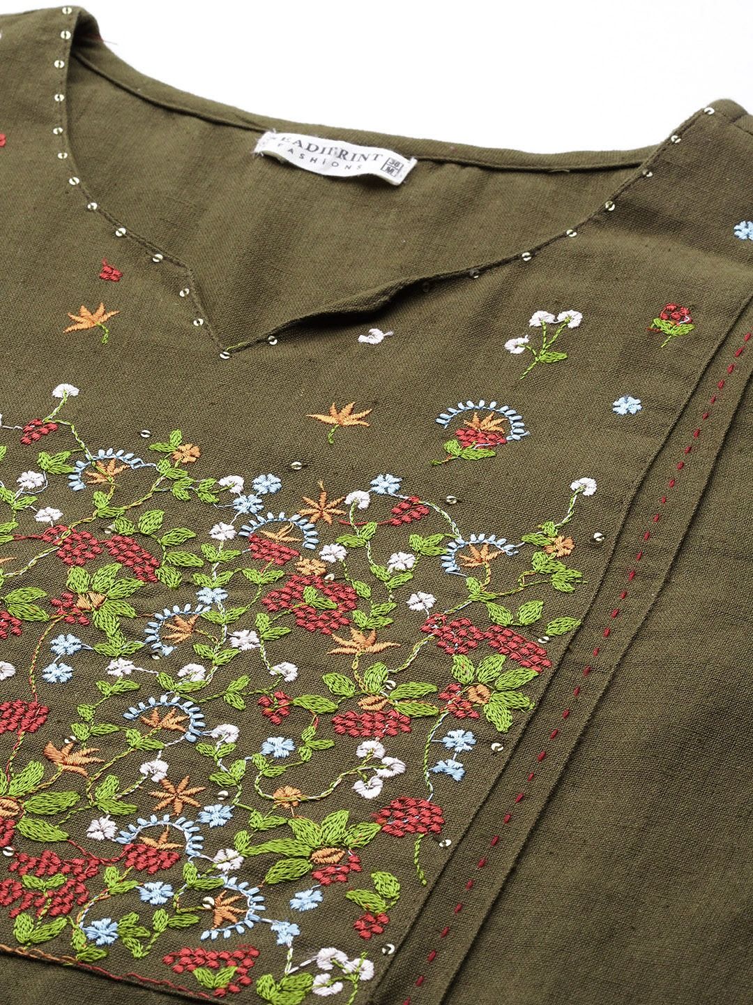 Straight Style Cotton Fabric Olive Green Color Kurti And Bottom