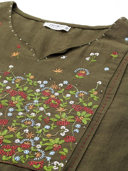 Straight Style Cotton Fabric Olive Green Color Kurti And Bottom