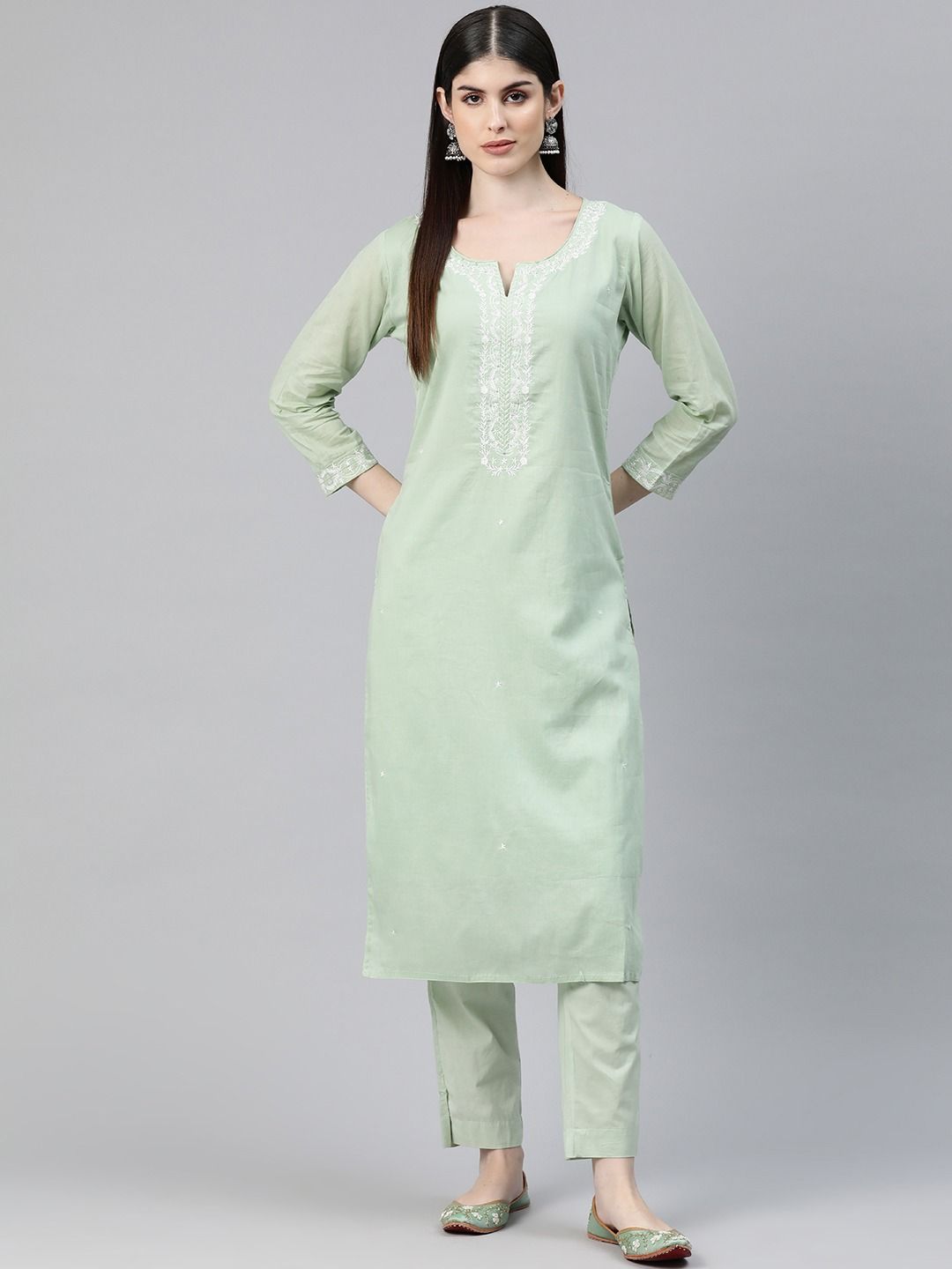 Straight Style Cotton Fabric Green Color Kurti And Bottom