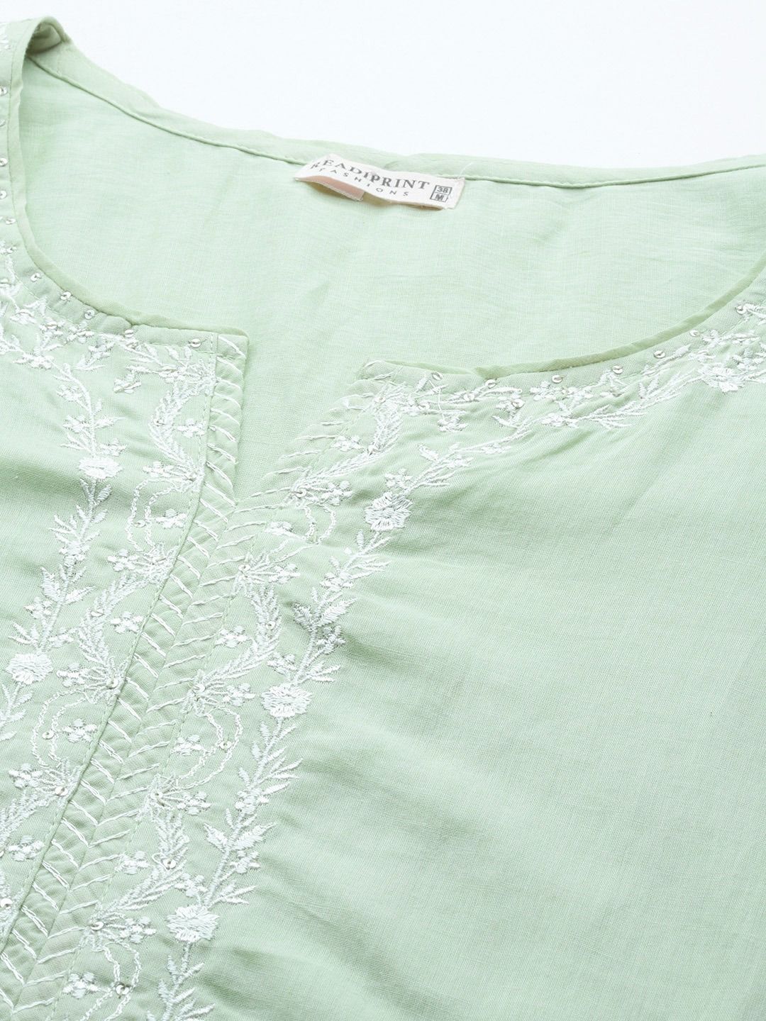 Straight Style Cotton Fabric Green Color Kurti And Bottom