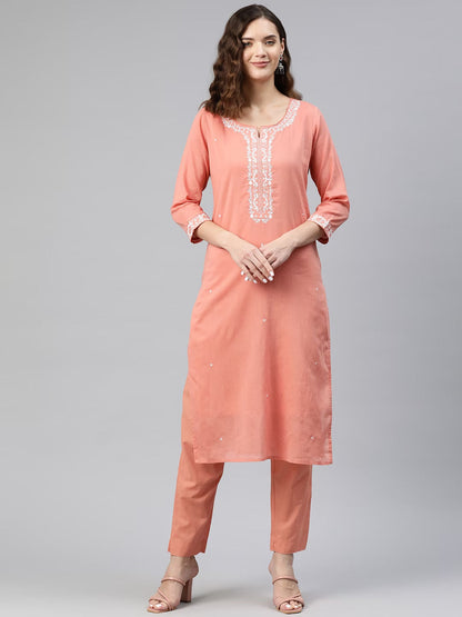 Straight Style Cotton Fabric Peach Color Kurti And Bottom