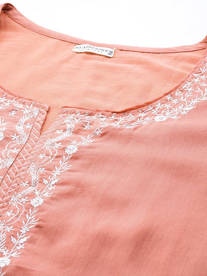Straight Style Cotton Fabric Peach Color Kurti And Bottom