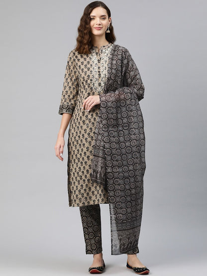 Straight Style Cotton Fabric Black Color Kurti Bottom & Dupatta
