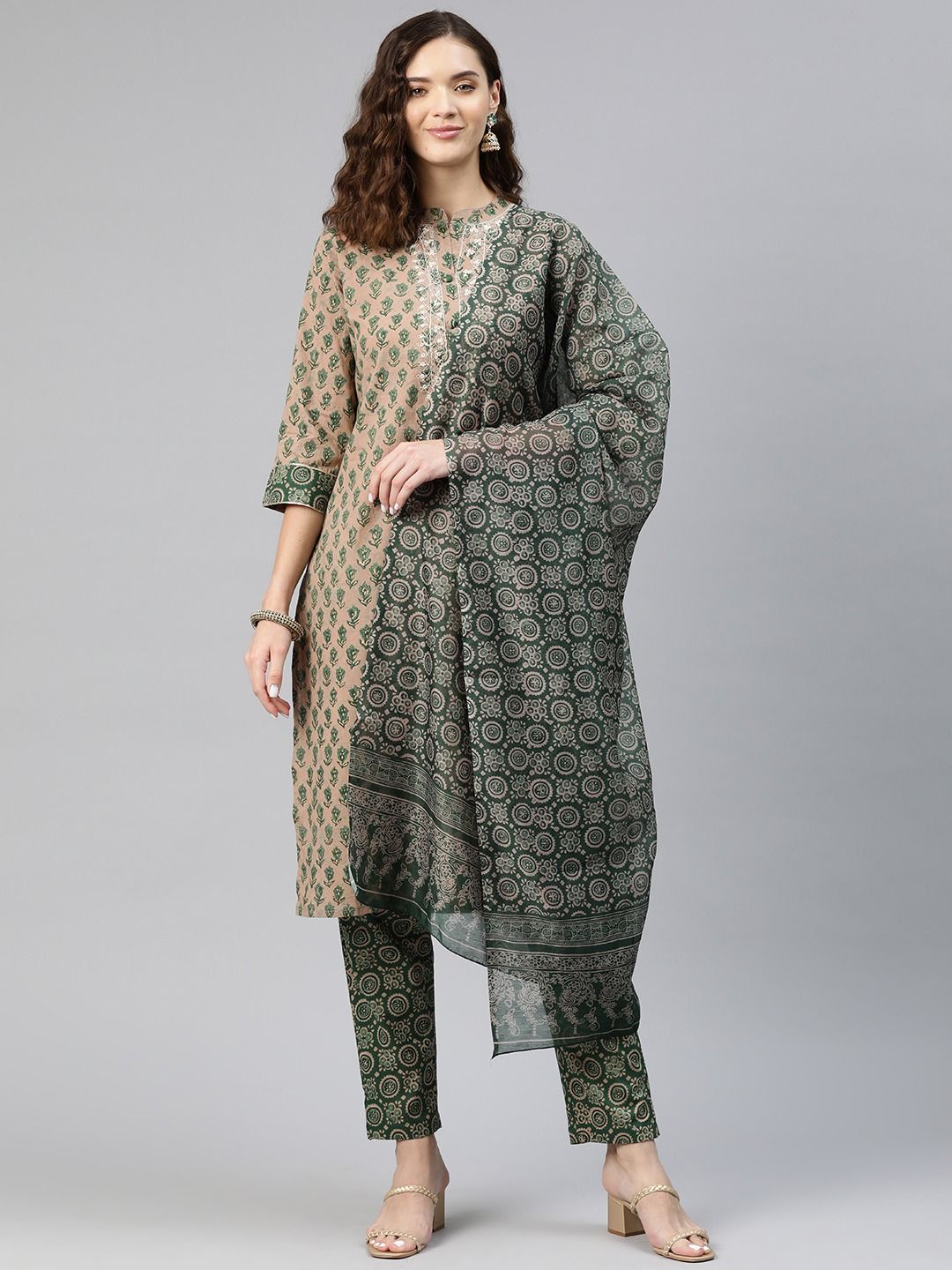 Straight Style Cotton Fabric Green Color Kurti Bottom & Dupatta