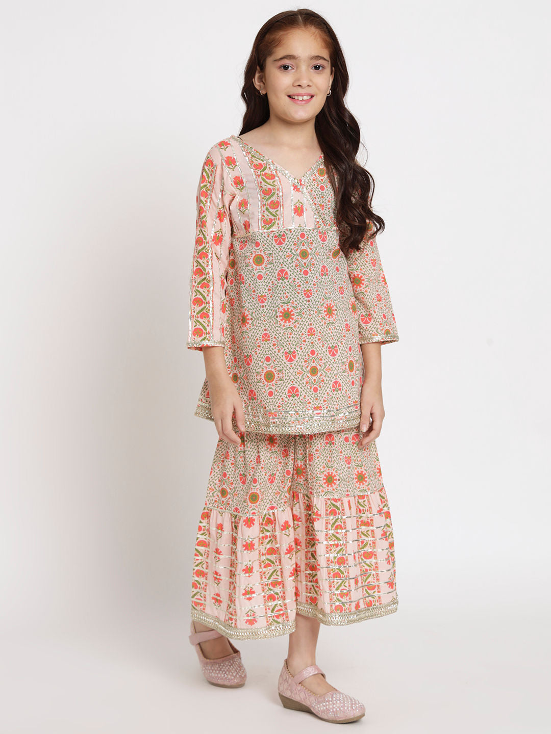 Frock Style Cotton Fabric Pink Color Kurti And Sharara