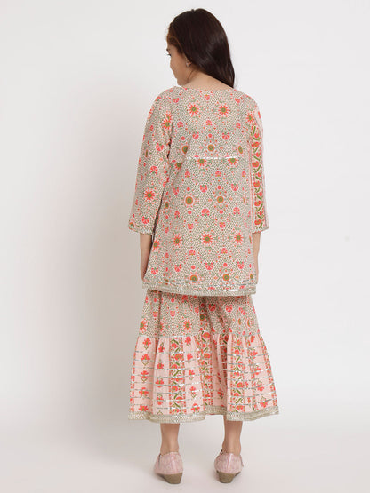 Frock Style Cotton Fabric Pink Color Kurti And Sharara