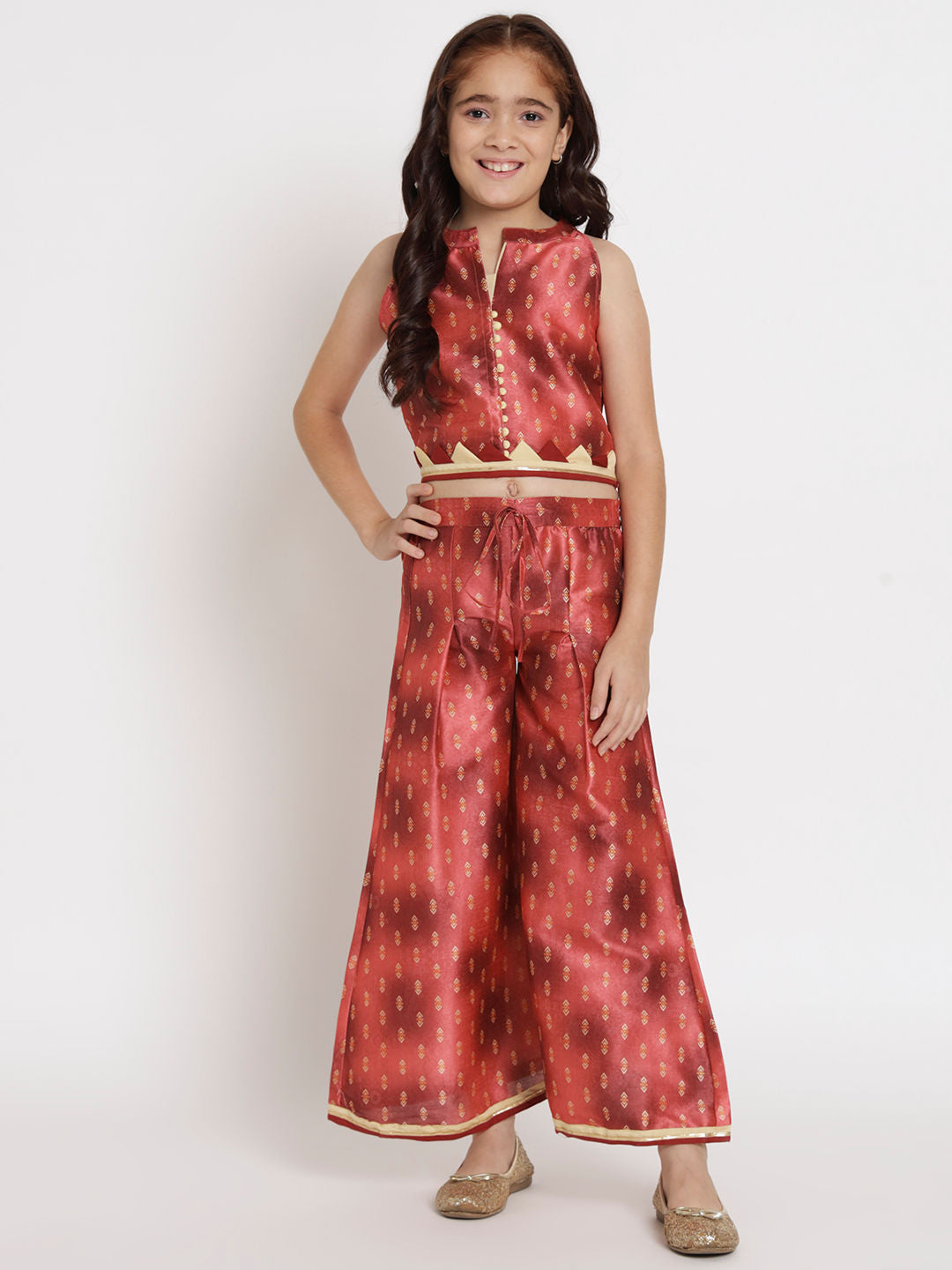 Straight Style Chanderi Fabric Rust Color Top And Palazzo