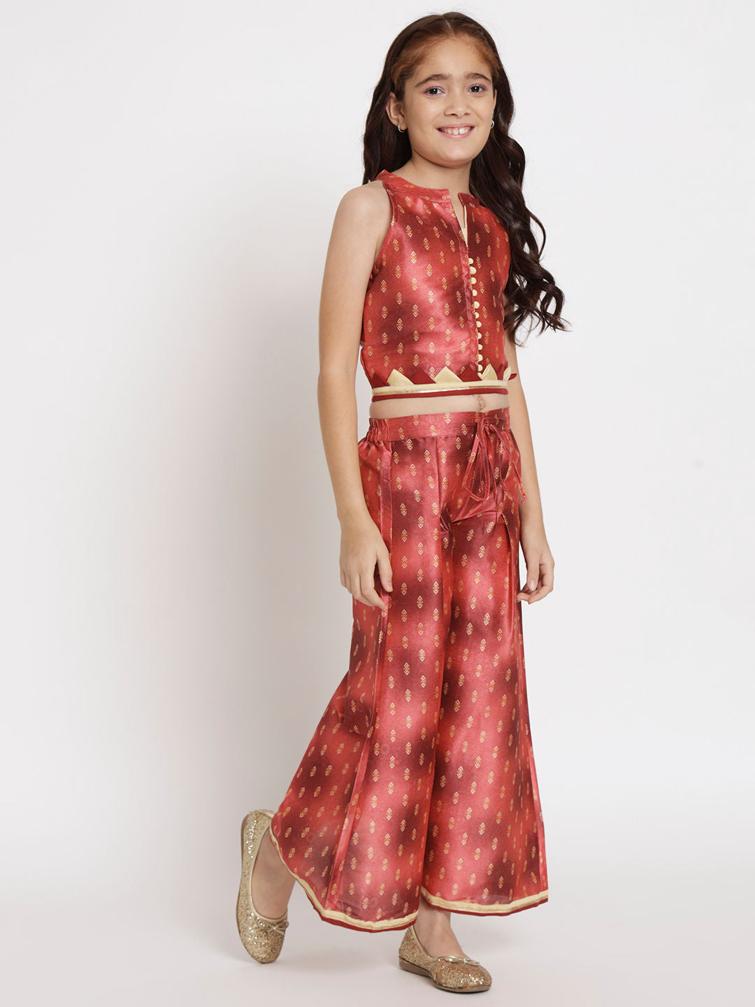 Straight Style Chanderi Fabric Rust Color Top And Palazzo