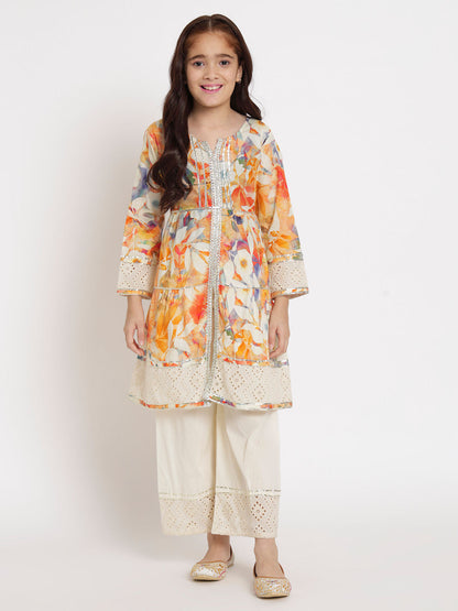 Frock Style Cotton Fabric Peach And Cream Color Kurti And Palazzo