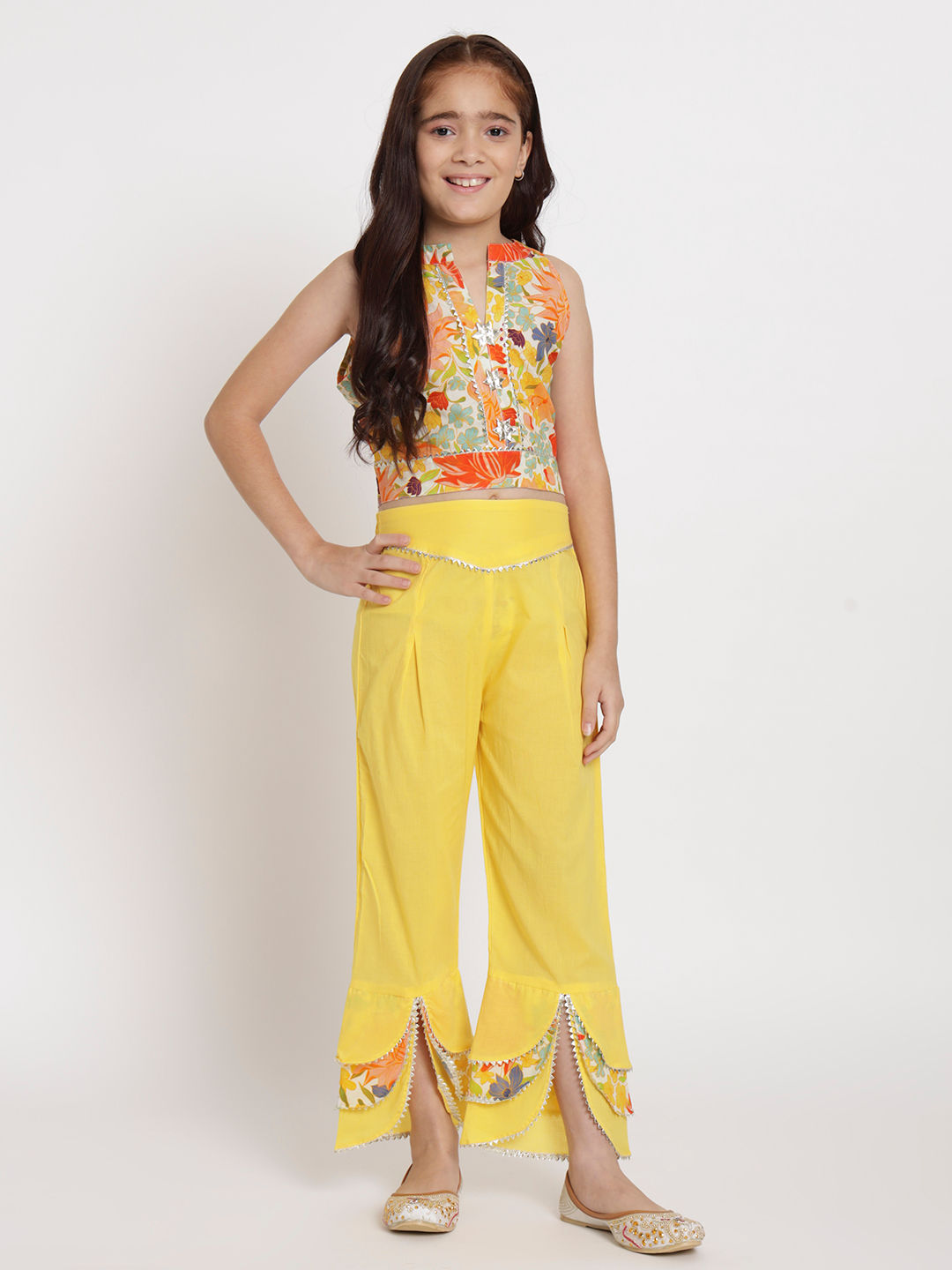 Straight Style Cotton Fabric Yellow And Orange Color Top And Palazzo