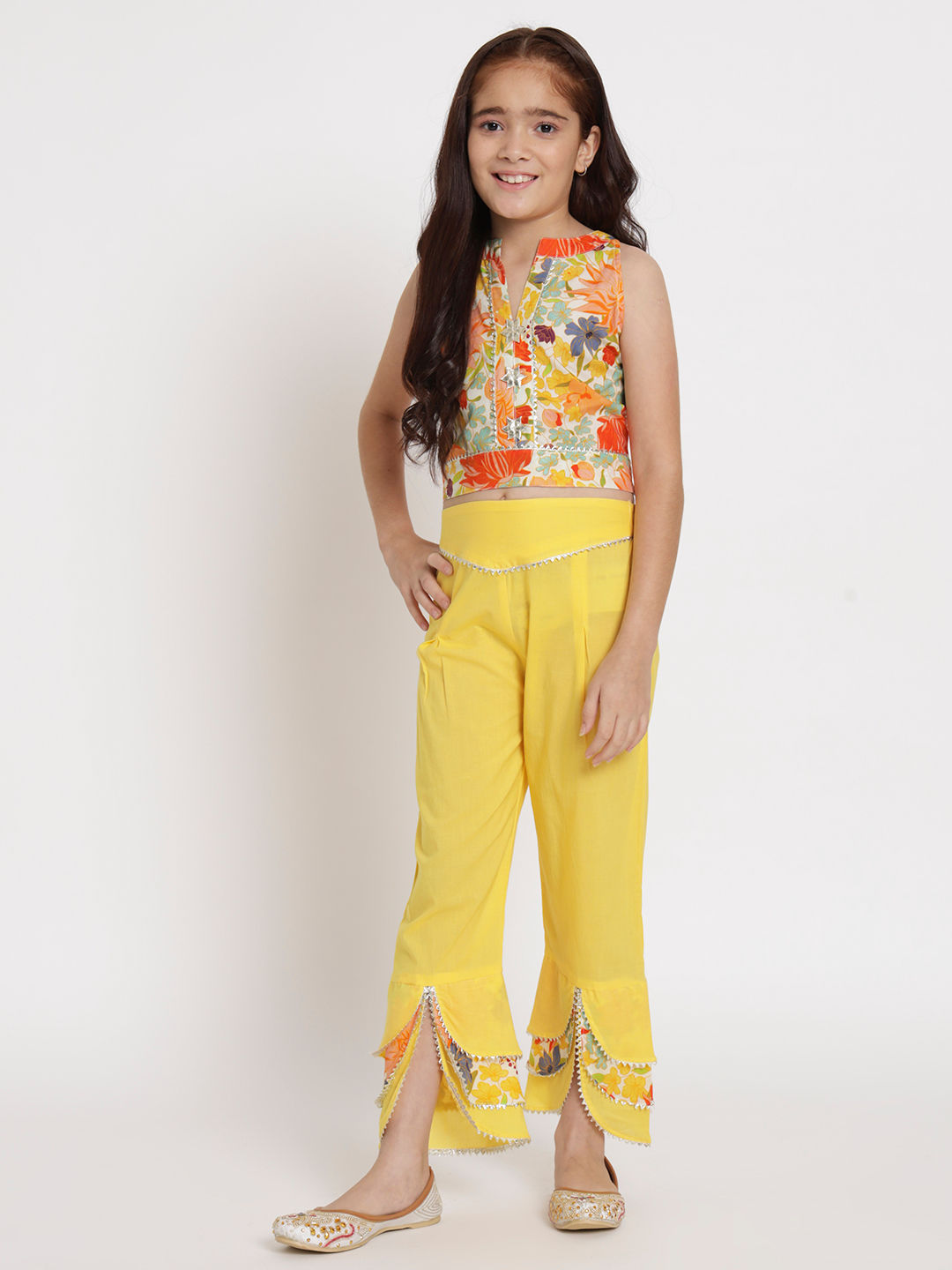 Straight Style Cotton Fabric Yellow And Orange Color Top And Palazzo