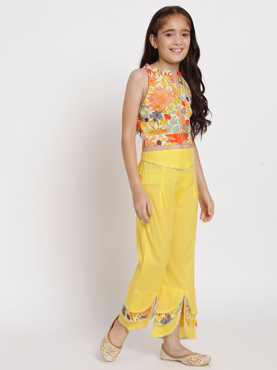 Straight Style Cotton Fabric Yellow And Orange Color Top And Palazzo