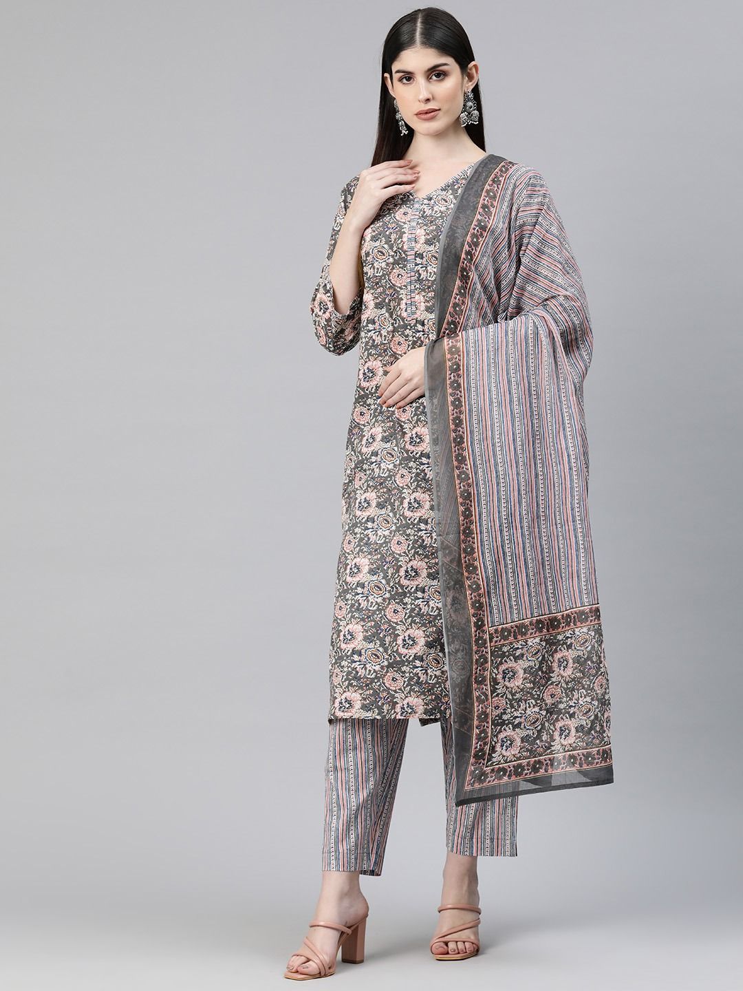 Straight Style Cotton Fabric Grey Color Kurti Bottom & Dupatta