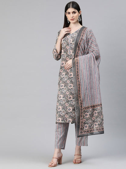 Straight Style Cotton Fabric Grey Color Kurti Bottom & Dupatta
