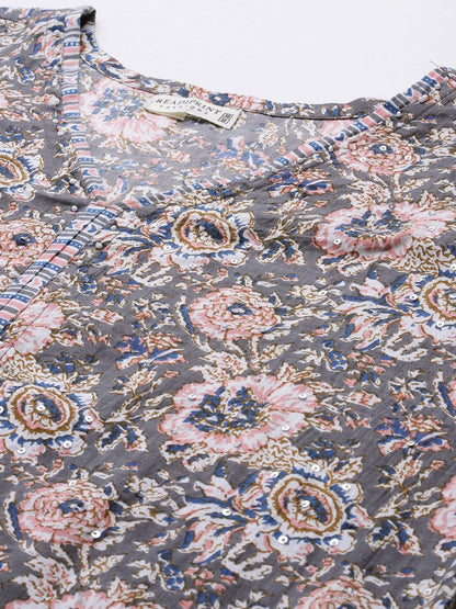 Straight Style Cotton Fabric Grey Color Kurti Bottom & Dupatta