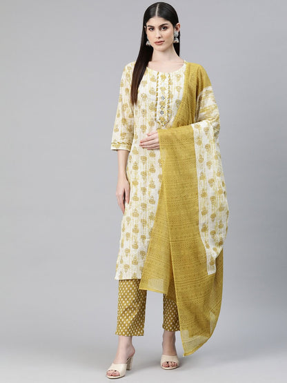 Straight Style Cotton Fabric Mustard Color Printed Kurti And Bottom With Dupatta