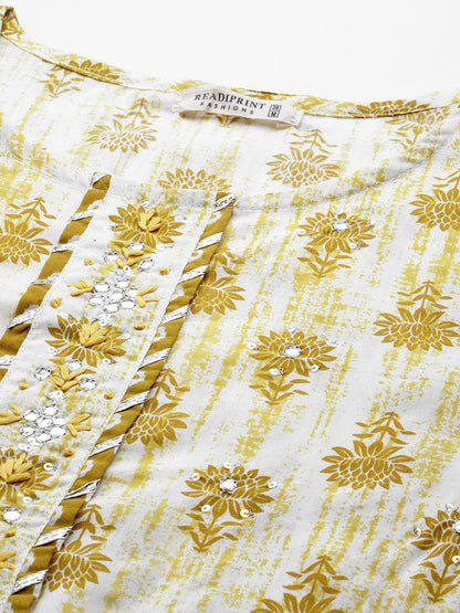 Straight Style Cotton Fabric Mustard Color Printed Kurti And Bottom With Dupatta