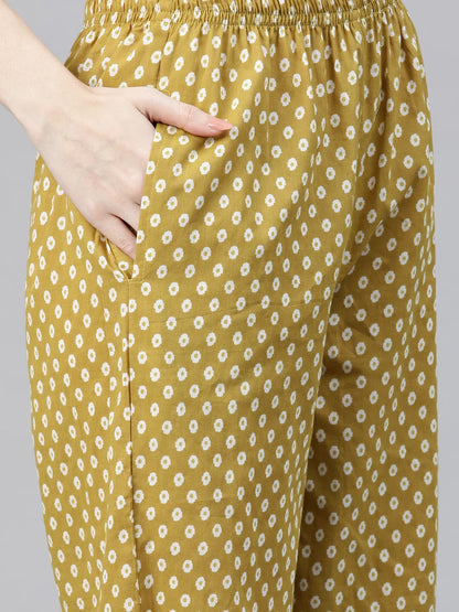 Straight Style Cotton Fabric Mustard Color Printed Kurti And Bottom With Dupatta