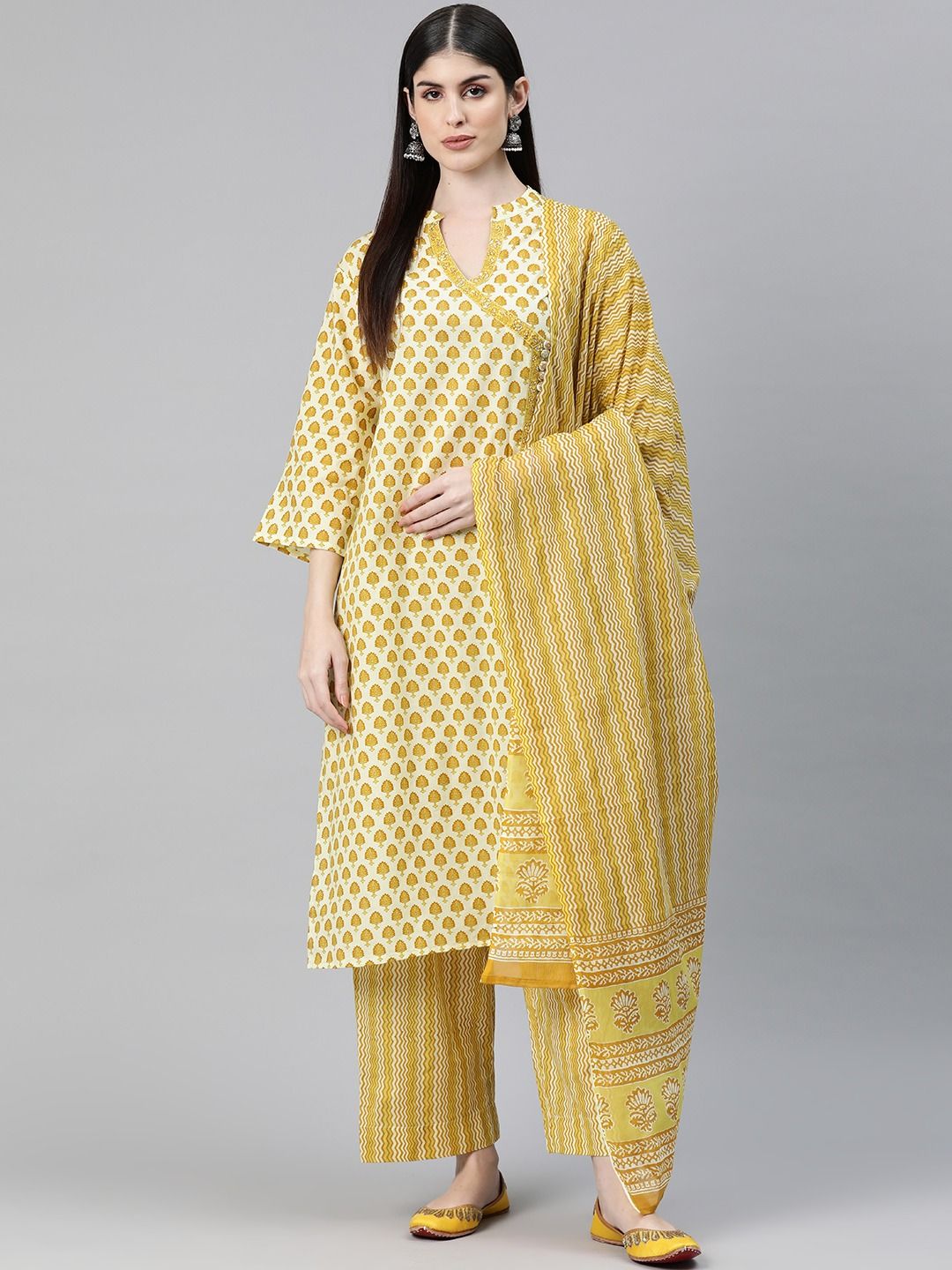 Straight Style Cotton Fabric Yellow Color Kurti Bottom And Dupatta