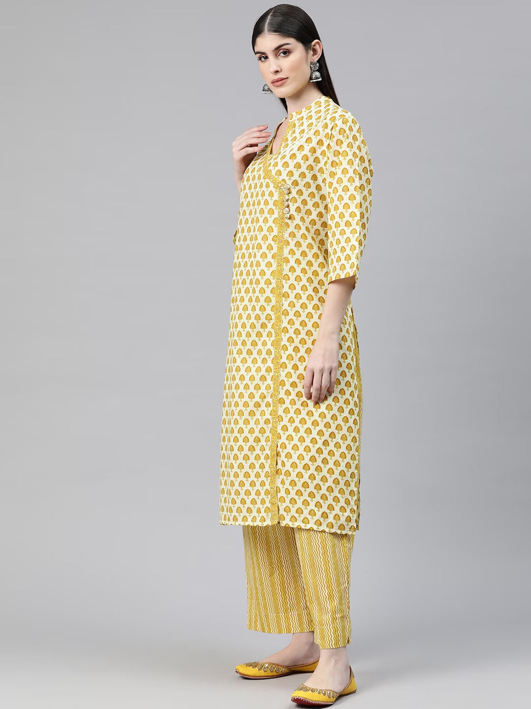 Straight Style Cotton Fabric Yellow Color Kurti Bottom And Dupatta