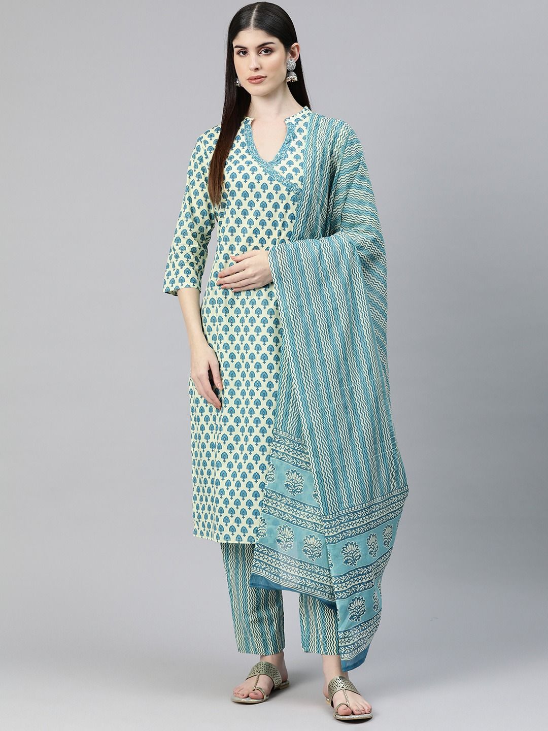 Straight Style Cotton Fabric Blue Color Printed Kurti And Bottom With Dupatta