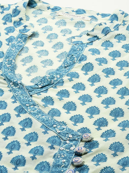 Straight Style Cotton Fabric Blue Color Printed Kurti And Bottom With Dupatta