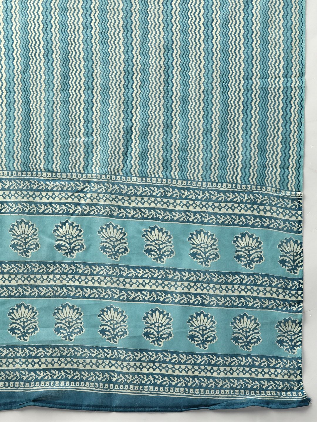 Straight Style Cotton Fabric Blue Color Printed Kurti And Bottom With Dupatta