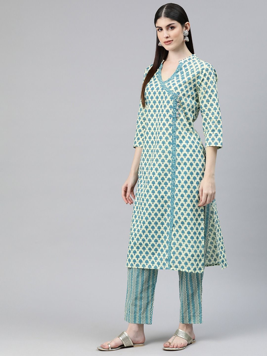 Straight Style Cotton Fabric Blue Color Printed Kurti And Bottom With Dupatta