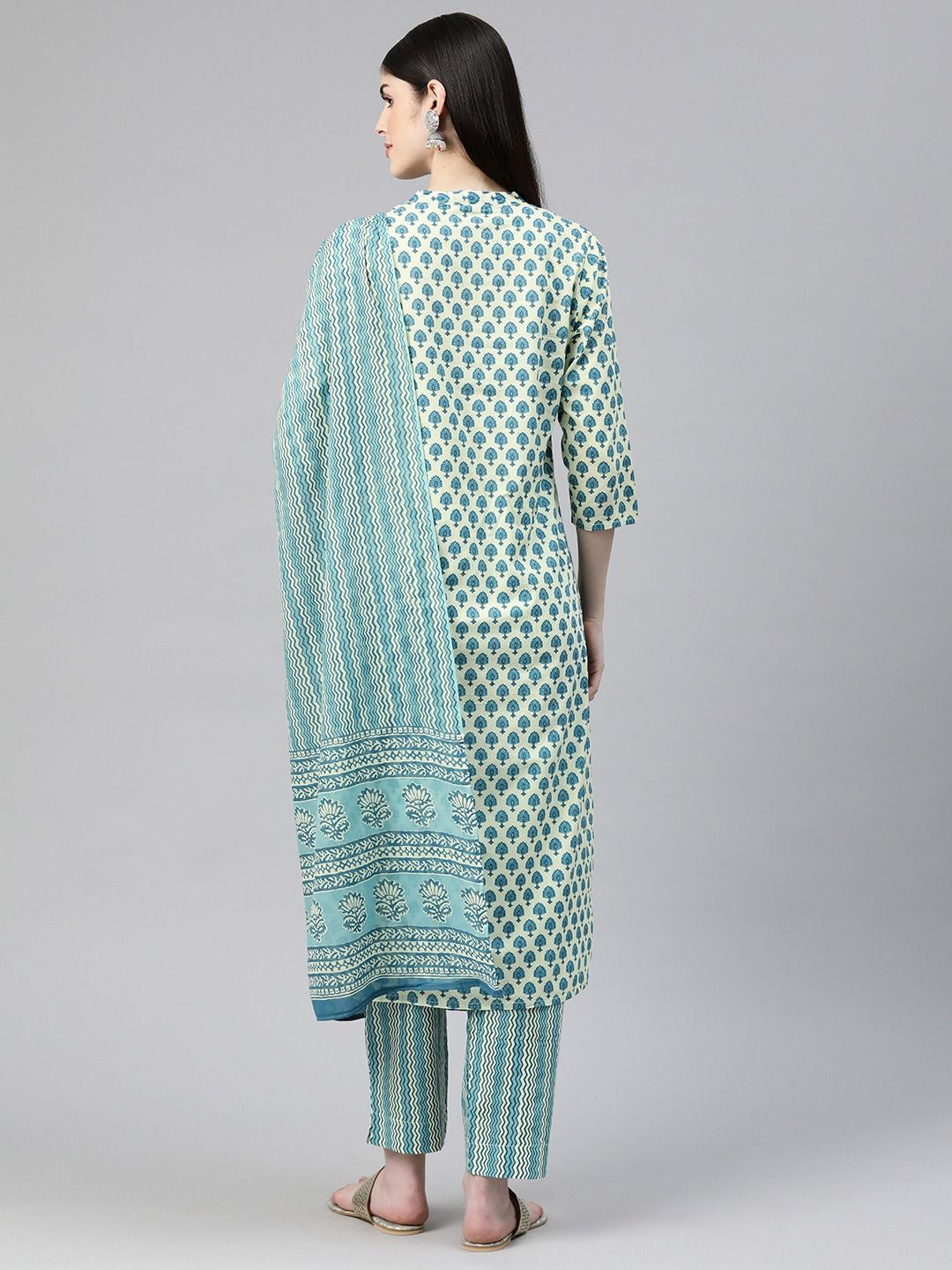 Straight Style Cotton Fabric Blue Color Printed Kurti And Bottom With Dupatta