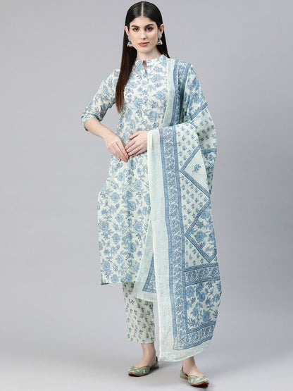 Straight Style Cotton Fabric Blue Color Printed Kurti And Bottom With Dupatta