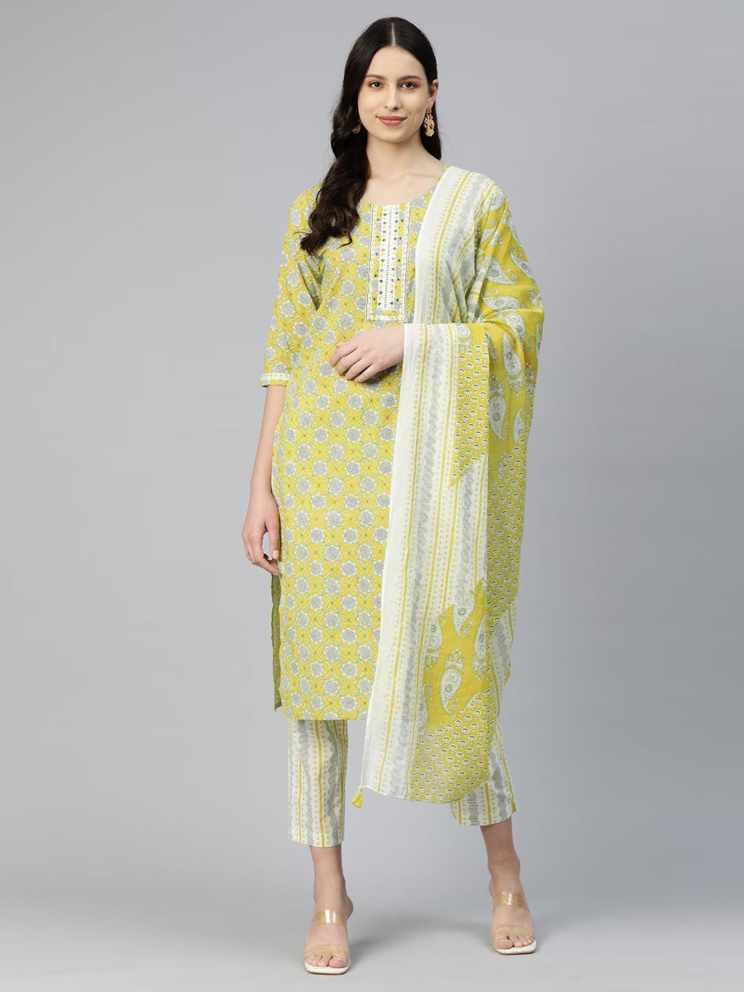 Straight Style Cotton Fabric Green Color Kurti And Bottom With Dupatta