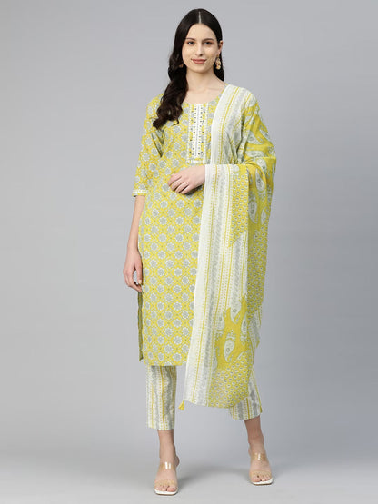 Straight Style Cotton Fabric Green Color Kurti And Bottom With Dupatta