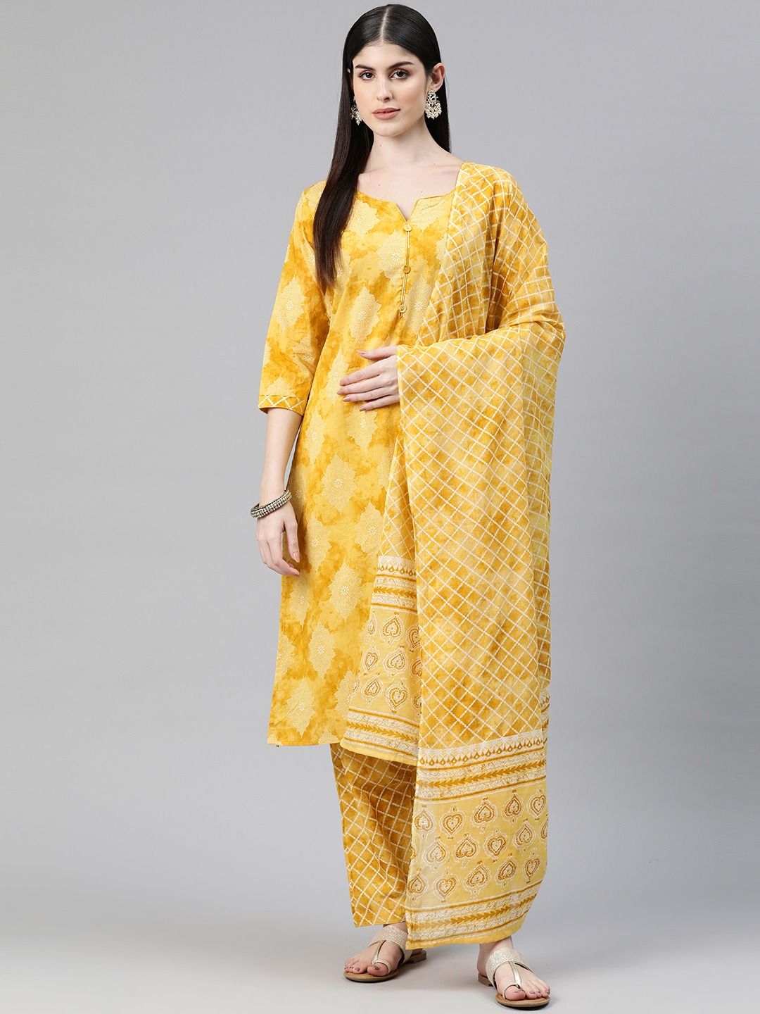 Straight Style Cotton Fabric Yellow Color Kurti And Bottom With Dupatta