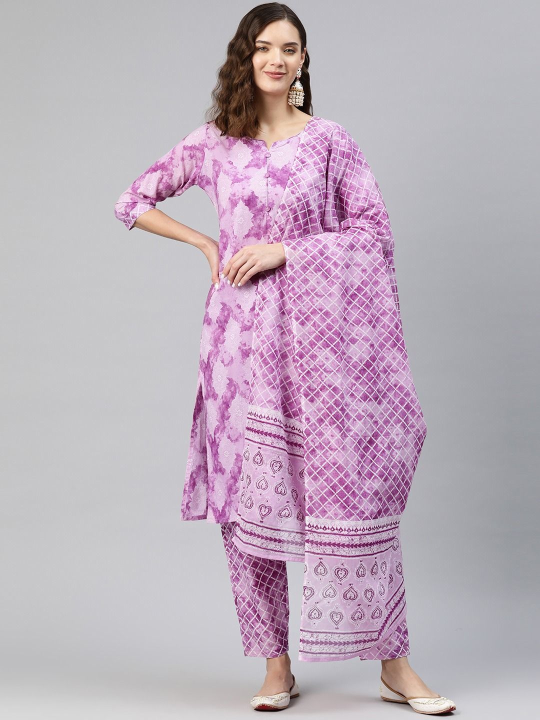 Straight Style Cotton Fabric Purple Color Kurti And Bottom With Dupatta