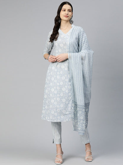 A Line Style Cotton Fabric Grey Color Kurti And Bottom With Dupatta