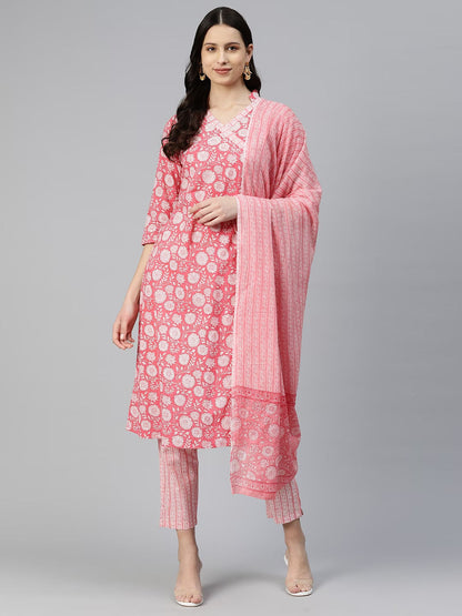 A Line Style Cotton Fabric Pink Color Kurti And Bottom With Dupatta