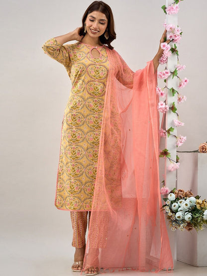 Straight Style Cotton Fabric Yellow Color Kurti And Bottom With Dupatta