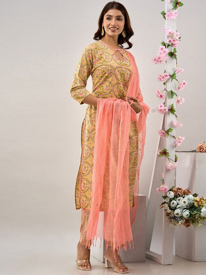 Straight Style Cotton Fabric Yellow Color Kurti And Bottom With Dupatta