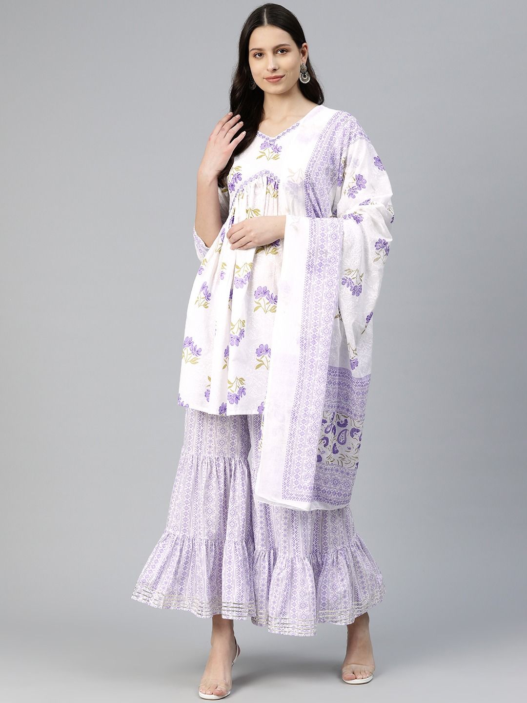 Frock Style Cotton Fabric White & Purple Color Kurti And Sharara With Dupatta