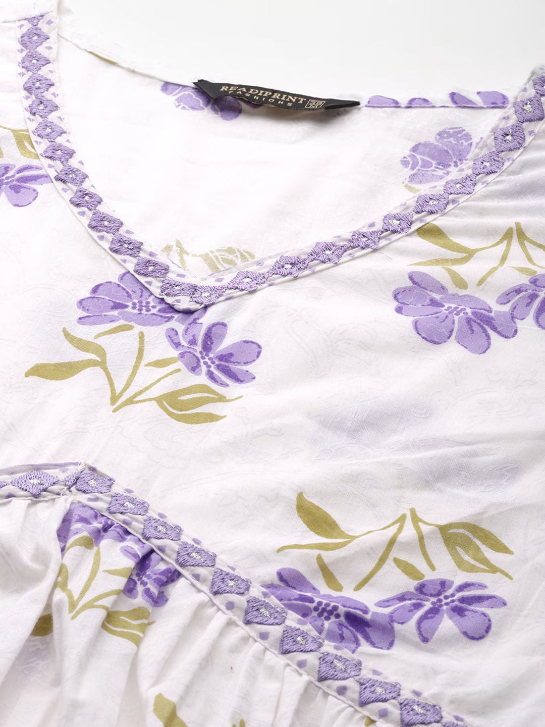 Frock Style Cotton Fabric White & Purple Color Kurti And Sharara With Dupatta