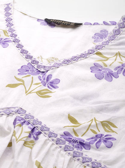 Frock Style Cotton Fabric White & Purple Color Kurti And Sharara With Dupatta